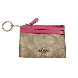 Coach Leather Logo Wallet Zipper Pouch Card Case Pink Trim Tan Logo
